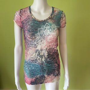 VINTAGE Y2K MUDD MULTICOLORED TYE DYE PAISLEY PRINT SHEER TOP SIZE XL
